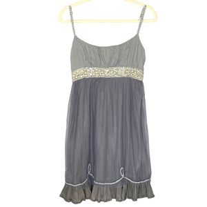FREE PEOPLE GRAY BABYDOLL DRESS W/ TULLE BLING & METALLIC SILVER ACCENTS SZ 12